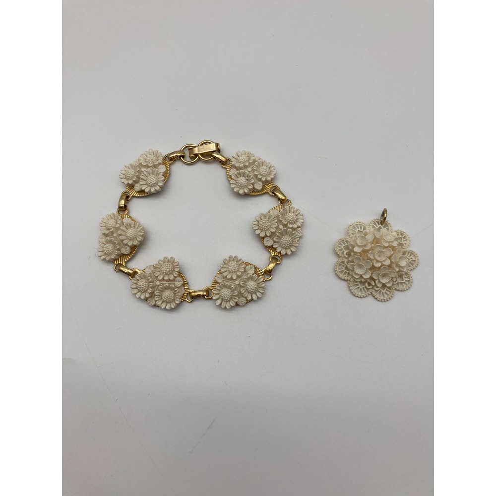 Vintage Carved Celluloid Molded Plastic Floral Bracelet & Pendant Set Gold Tone